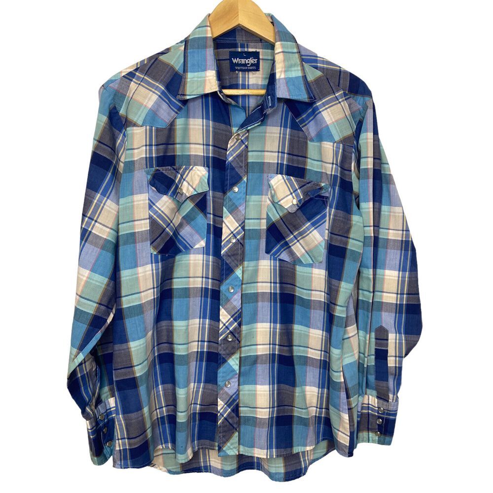 Vtg Wrangler Mens Large Western Shirt Blue Teal Plaid Pearl‎ Snap Buttons